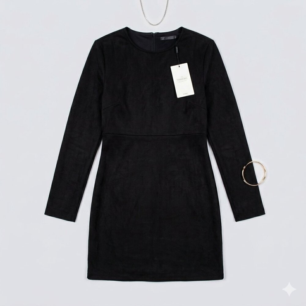 NWT Zara Trafaluc Black Long Sleeve Faux Suede Mini Dress - Size L